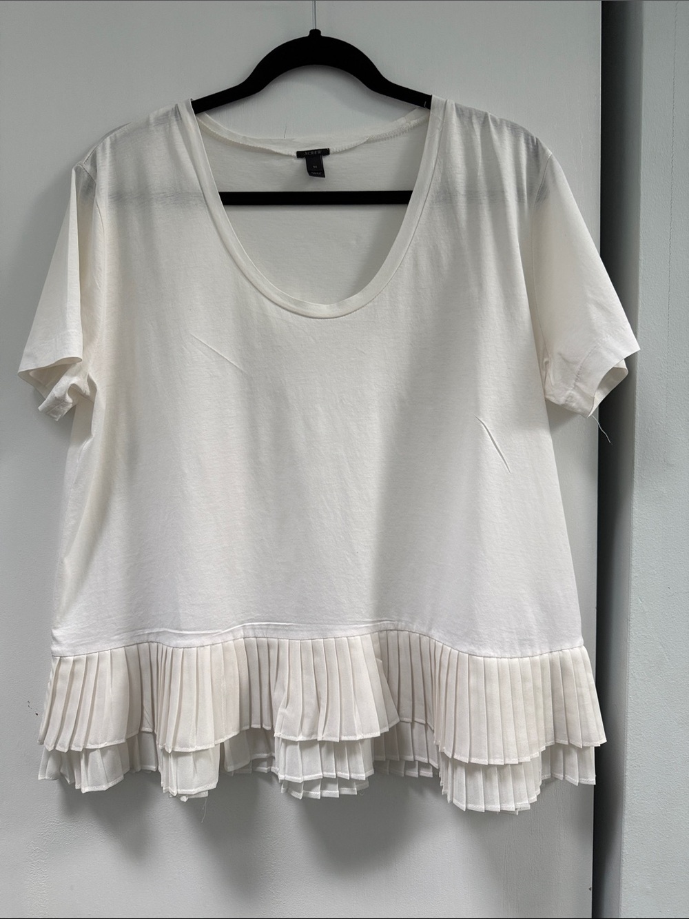 J. Crew Cream Short Sleeve Scoop Neck Top with Pleated Double Hem